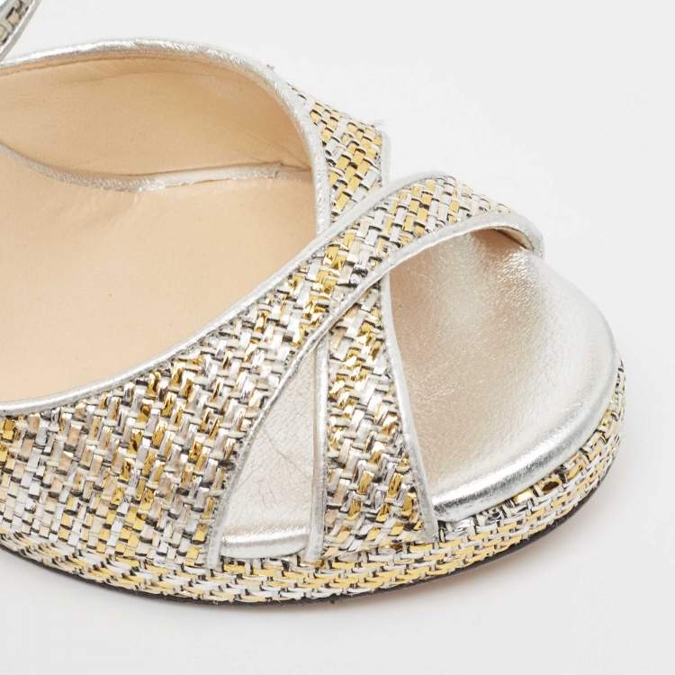 Pre Owned Jimmy Choo Multicolor Leather and Woven Wedge Ankle Strap Sandals Size 40