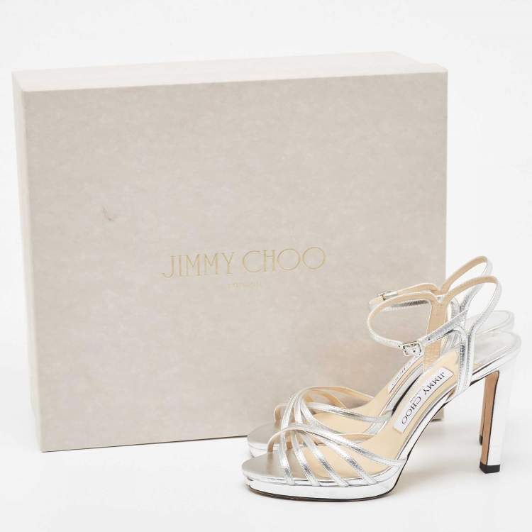 Pre Owned Jimmy Choo Silver Leather Lilah Ankle Strap Sandals Size 35.5