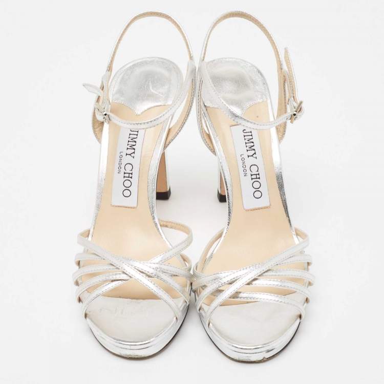 Pre Owned Jimmy Choo Silver Leather Lilah Ankle Strap Sandals Size 35.5