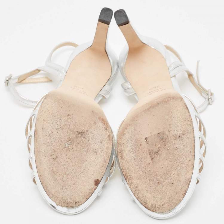 Pre Owned Jimmy Choo Silver Leather Lilah Ankle Strap Sandals Size 35.5