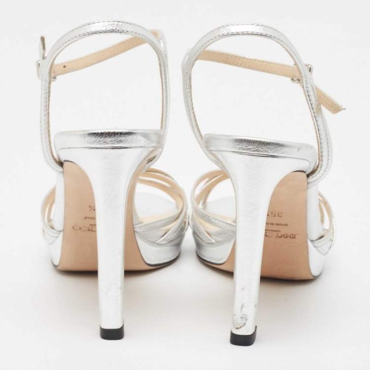 Pre Owned Jimmy Choo Silver Leather Lilah Ankle Strap Sandals Size 35.5