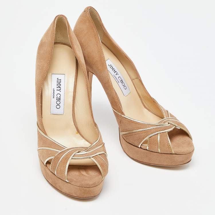 Pre Owned Jimmy Choo Light Brown Suede Peep Toe Platform Pumps Size 39