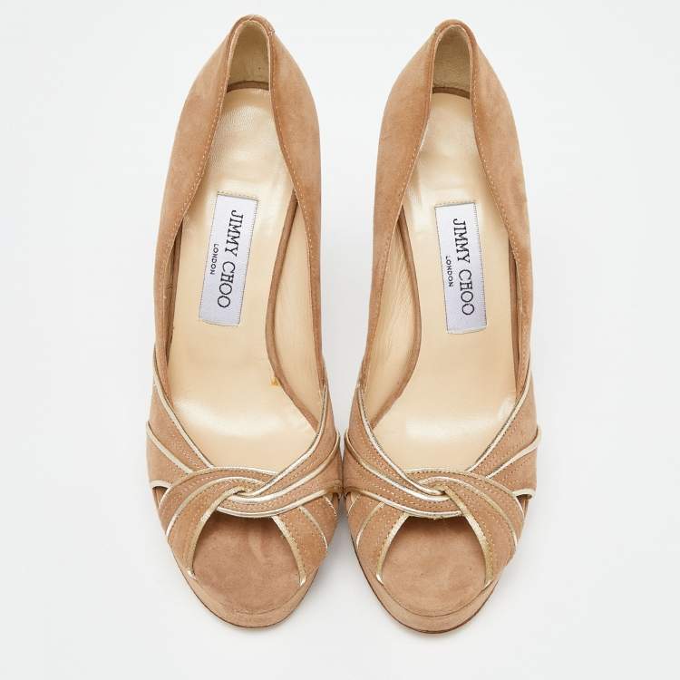 Pre Owned Jimmy Choo Light Brown Suede Peep Toe Platform Pumps Size 39