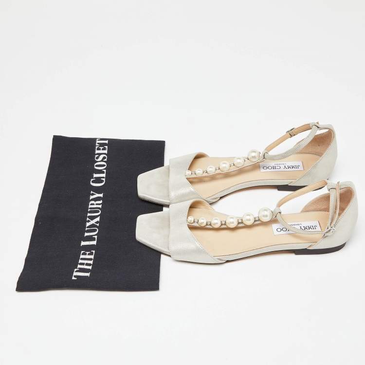 Pre Owned Jimmy Choo Metallic Glitter Nubuck Leather Bella Flat Sandals Size 37.5