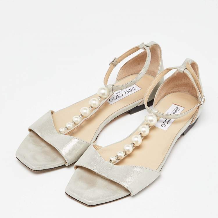 Pre Owned Jimmy Choo Metallic Glitter Nubuck Leather Bella Flat Sandals Size 37.5