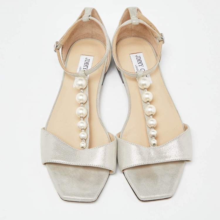 Pre Owned Jimmy Choo Metallic Glitter Nubuck Leather Bella Flat Sandals Size 37.5