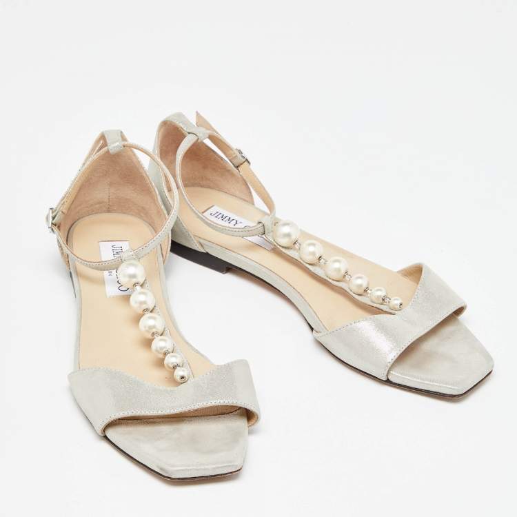 Pre Owned Jimmy Choo Metallic Glitter Nubuck Leather Bella Flat Sandals Size 37.5