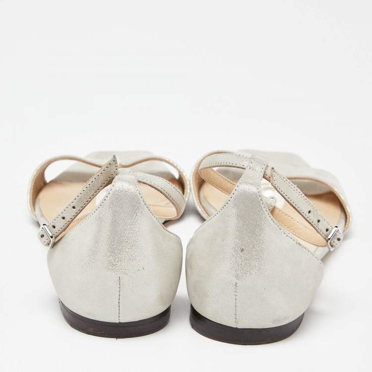 Pre Owned Jimmy Choo Metallic Glitter Nubuck Leather Bella Flat Sandals Size 37.5