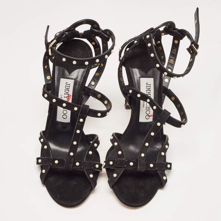 Pre Owned Jimmy Choo Black Suede Faux Pearl Studded Beverly Ankle Strap Sandals Size 35