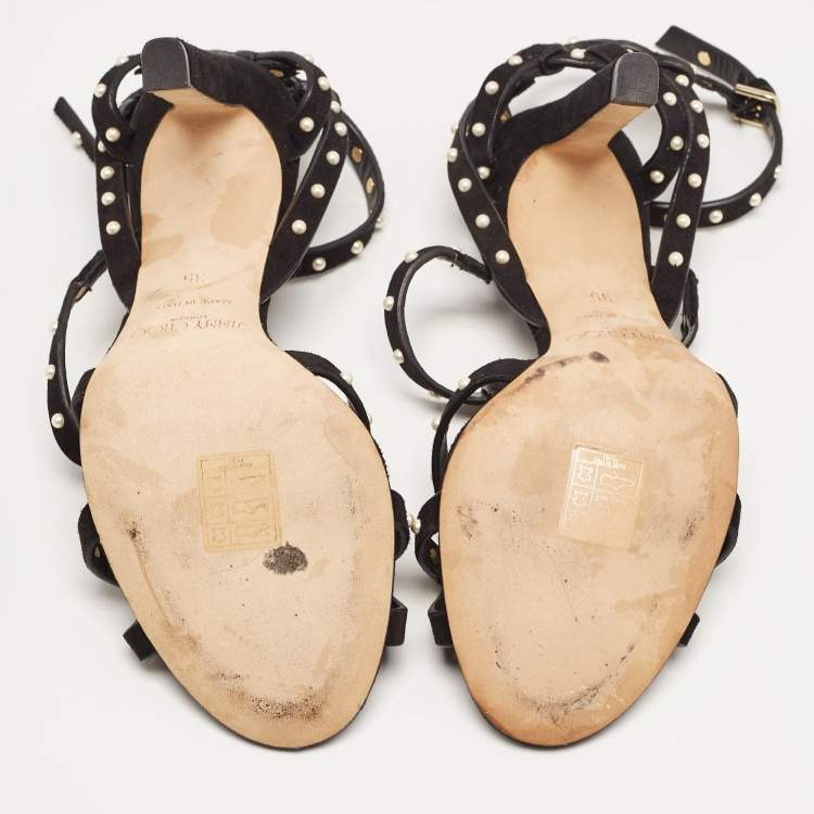 Pre Owned Jimmy Choo Black Suede Faux Pearl Studded Beverly Ankle Strap Sandals Size 35