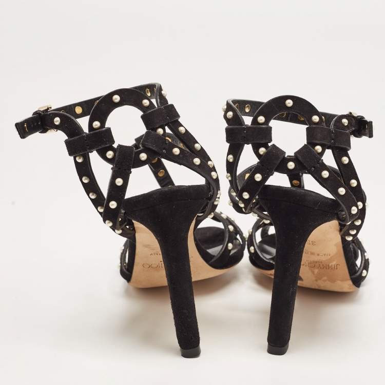 Pre Owned Jimmy Choo Black Suede Faux Pearl Studded Beverly Ankle Strap Sandals Size 35