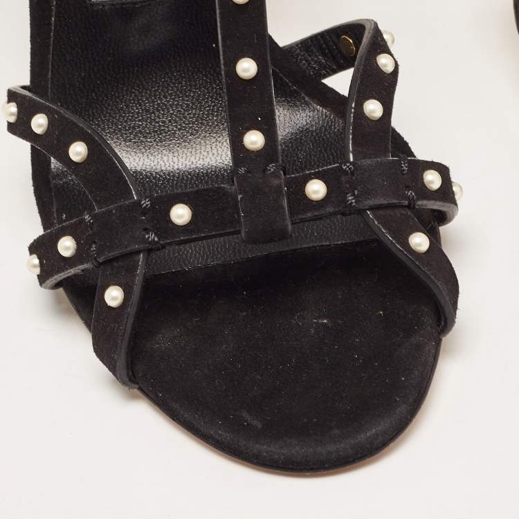 Pre Owned Jimmy Choo Black Suede Faux Pearl Studded Beverly Ankle Strap Sandals Size 35