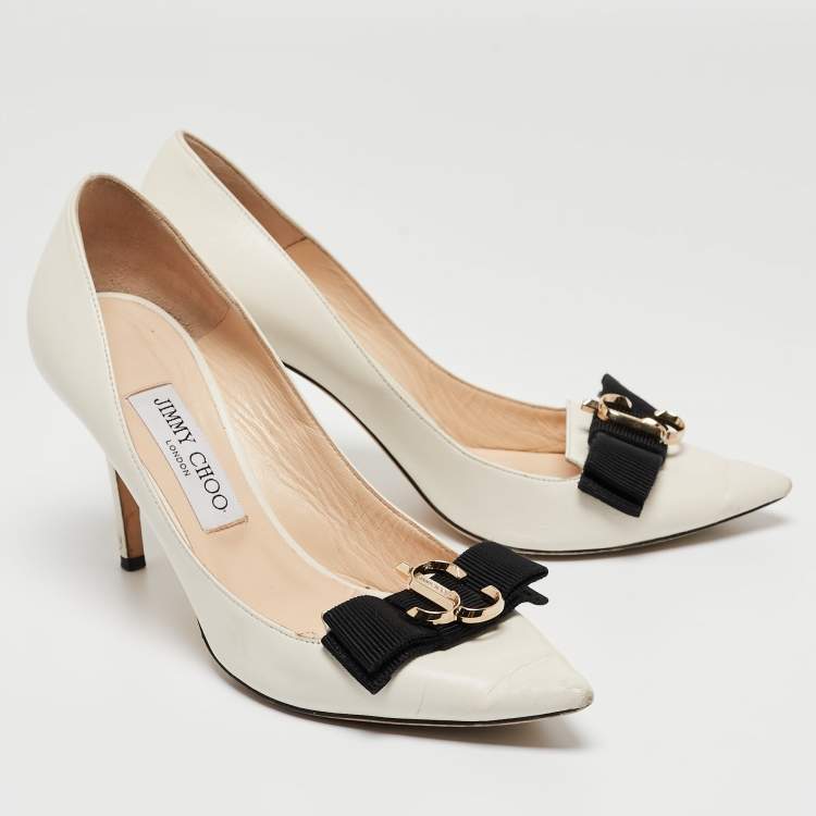 Pre Owned Jimmy Choo White Leather Bow Pointed Toe Pumps Size 39