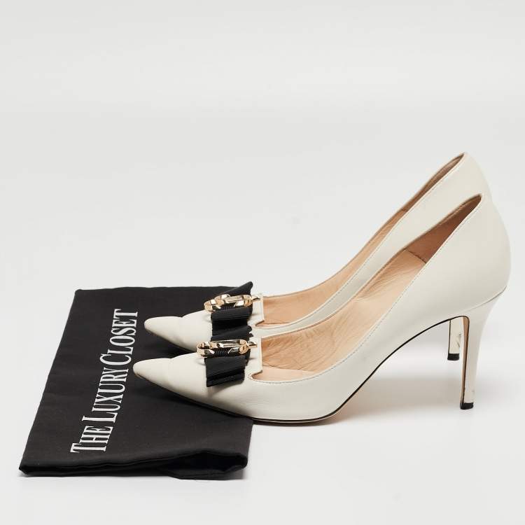 Pre Owned Jimmy Choo White Leather Bow Pointed Toe Pumps Size 39