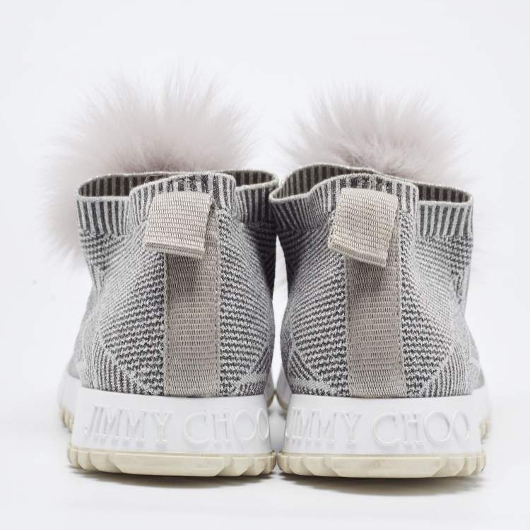 Pre Owned Jimmy Choo Grey Stretch Fabric  Fur Embellished High Top Sneakers Size 41
