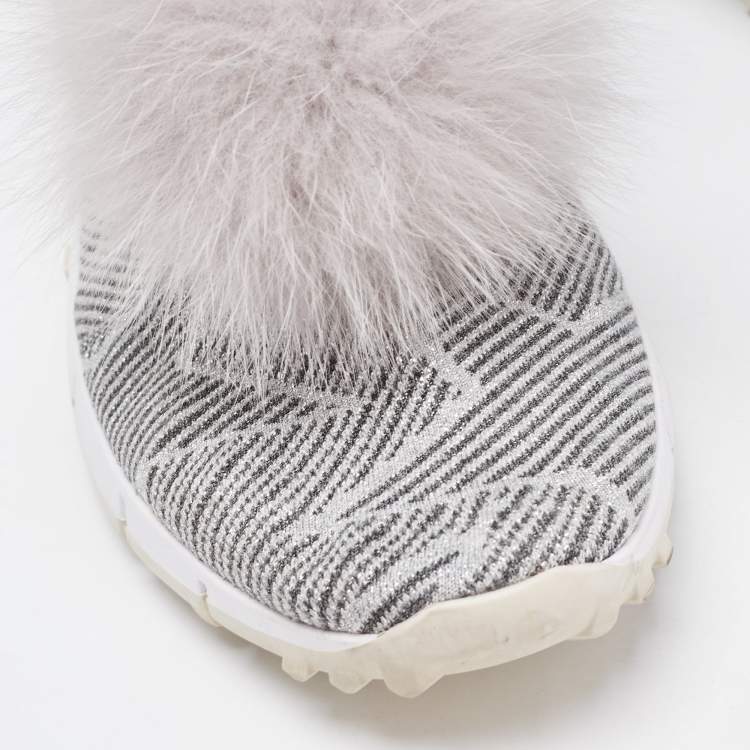 Pre Owned Jimmy Choo Grey Stretch Fabric  Fur Embellished High Top Sneakers Size 41