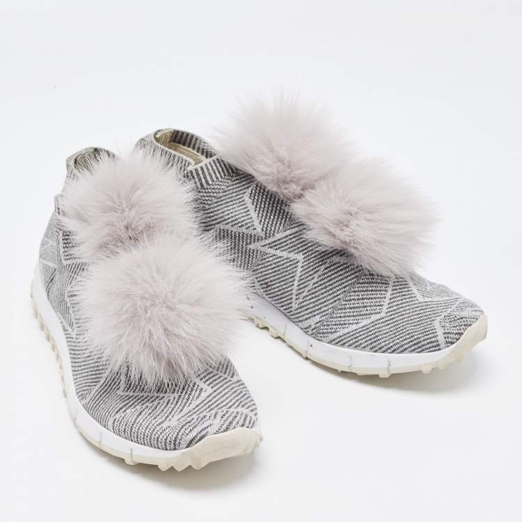 Pre Owned Jimmy Choo Grey Stretch Fabric  Fur Embellished High Top Sneakers Size 41