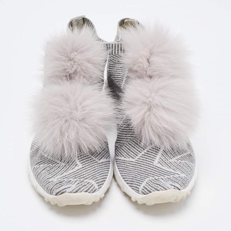 Pre Owned Jimmy Choo Grey Stretch Fabric  Fur Embellished High Top Sneakers Size 41