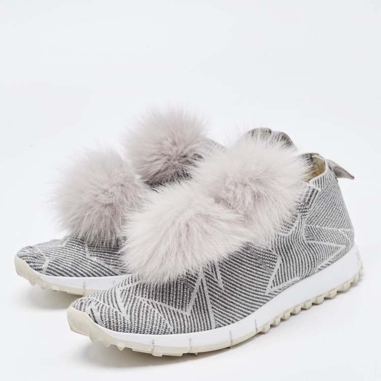 Pre Owned Jimmy Choo Grey Stretch Fabric  Fur Embellished High Top Sneakers Size 41