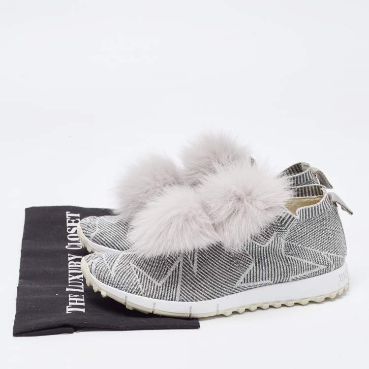 Pre Owned Jimmy Choo Grey Stretch Fabric  Fur Embellished High Top Sneakers Size 41