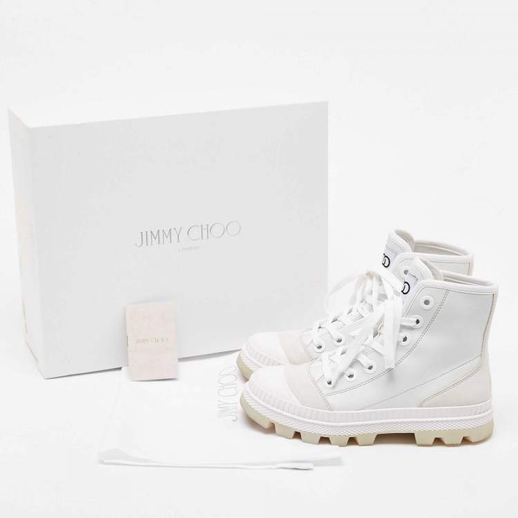 Pre Owned Jimmy Choo White/Grey Suede and Leather High Top Sneakers Size 37.5