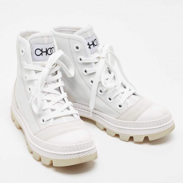 Pre Owned Jimmy Choo White/Grey Suede and Leather High Top Sneakers Size 37.5
