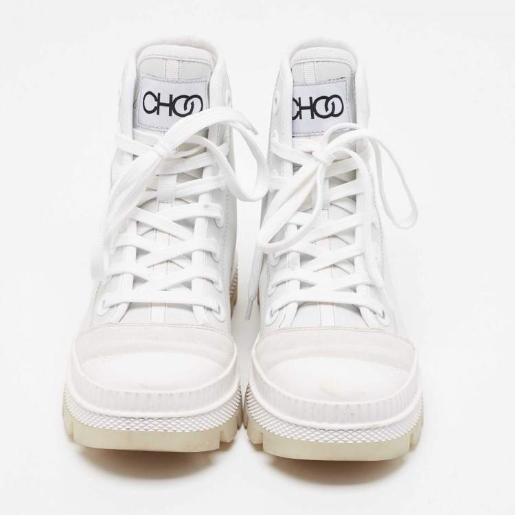 Pre Owned Jimmy Choo White/Grey Suede and Leather High Top Sneakers Size 37.5