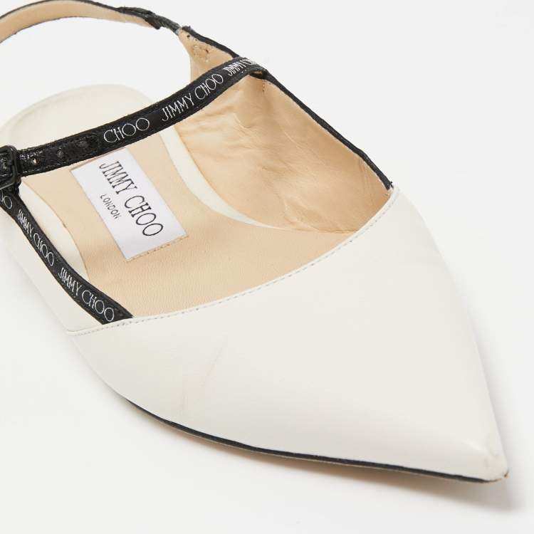 Pre Owned Jimmy Choo White/Black Leather Ray Slingback Flats Size 36