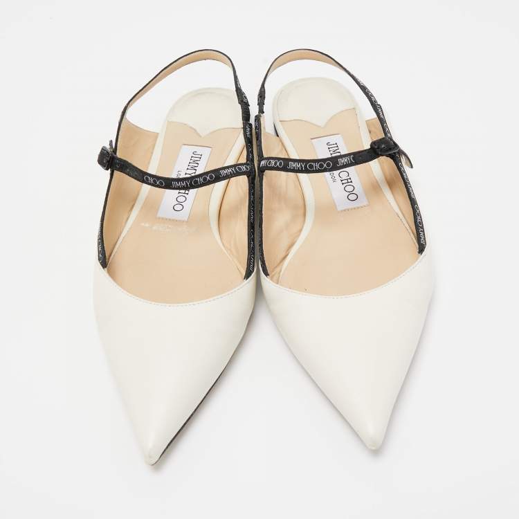 Pre Owned Jimmy Choo White/Black Leather Ray Slingback Flats Size 36