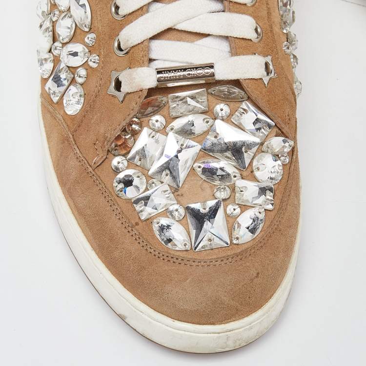 Pre Owned Jimmy Choo Beige Suede Miami Crystal Embellished Sneakers Size 41