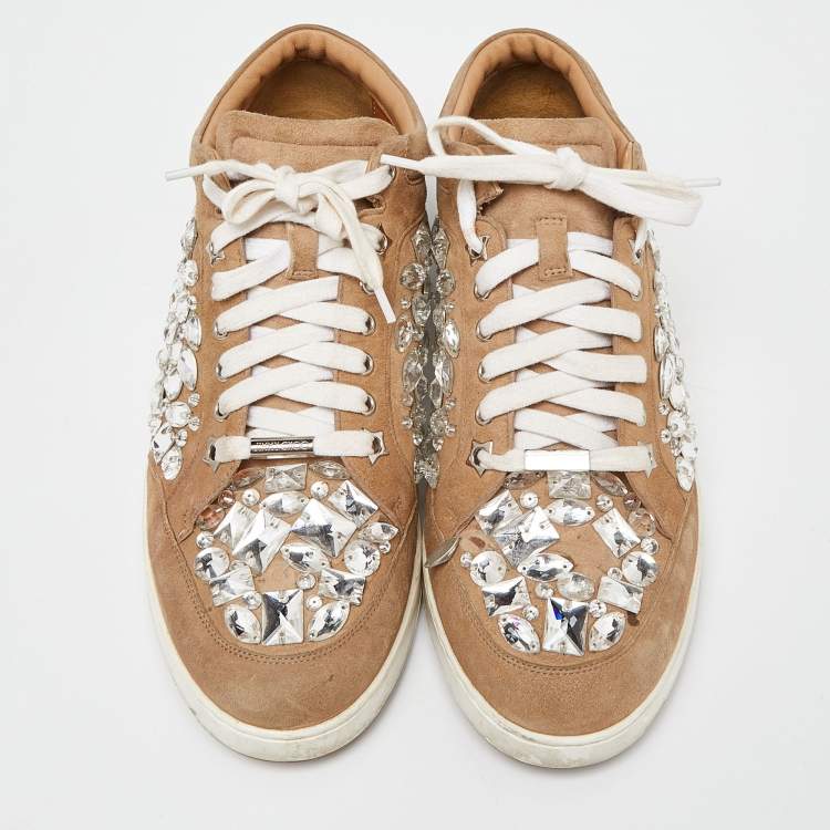 Pre Owned Jimmy Choo Beige Suede Miami Crystal Embellished Sneakers Size 41