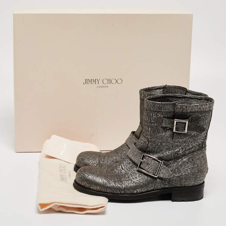 Pre Owned Jimmy Choo Grey Textured Leather Buckle Detail Ankle Boots Size 38