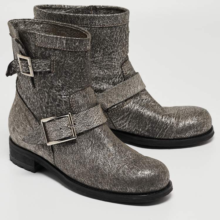 Pre Owned Jimmy Choo Grey Textured Leather Buckle Detail Ankle Boots Size 38