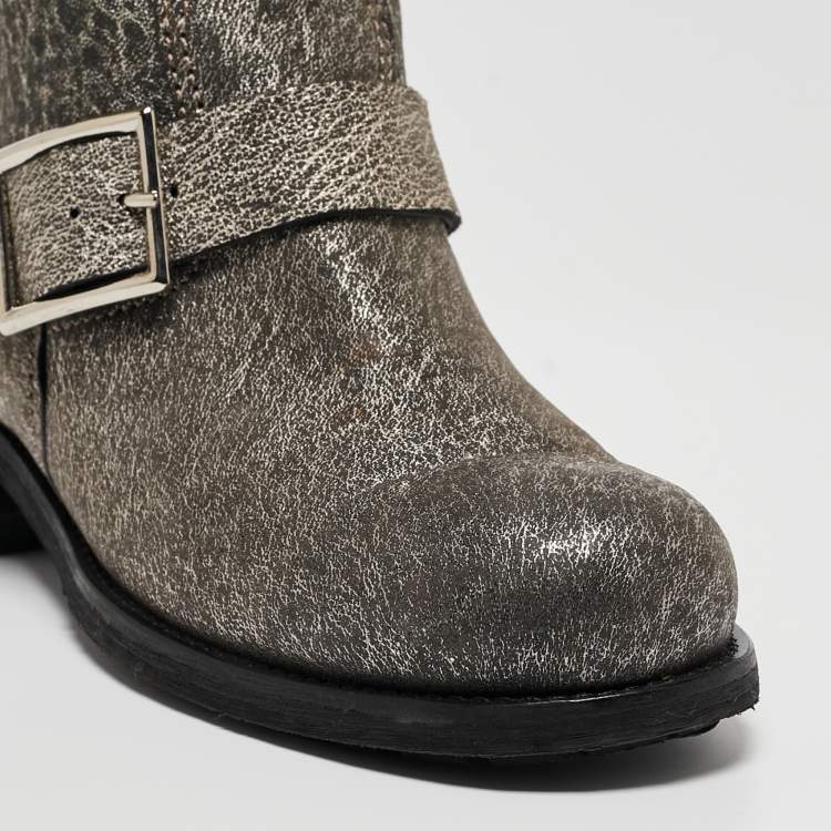Pre Owned Jimmy Choo Grey Textured Leather Buckle Detail Ankle Boots Size 38