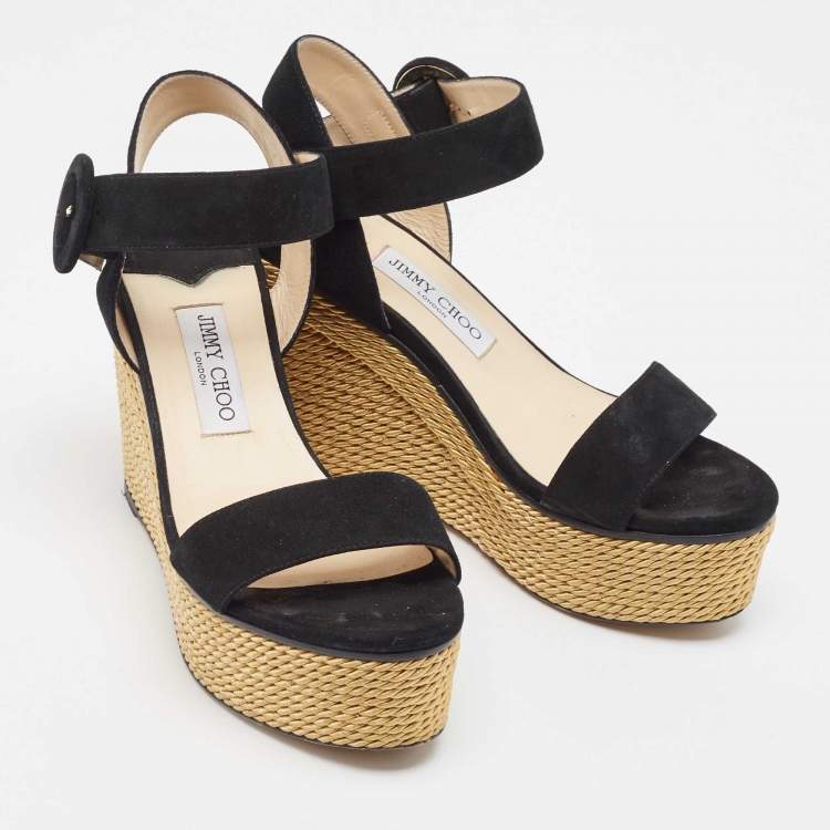 Pre Owned Jimmy Choo Black Suede Abigail Wedge Platform Ankle Strap Sandals Size 40.5