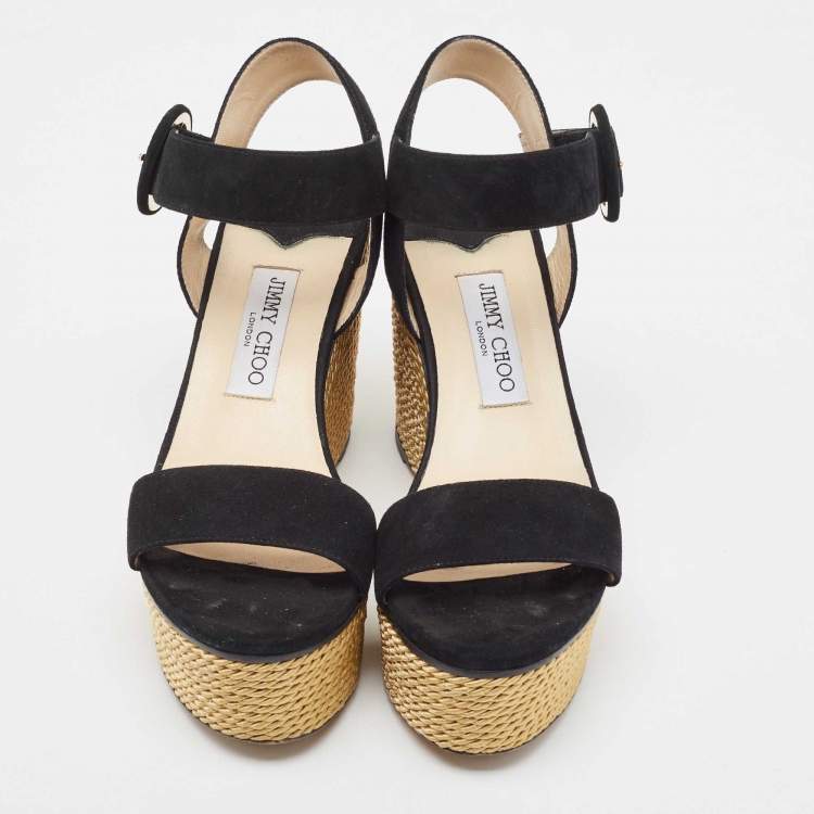 Pre Owned Jimmy Choo Black Suede Abigail Wedge Platform Ankle Strap Sandals Size 40.5