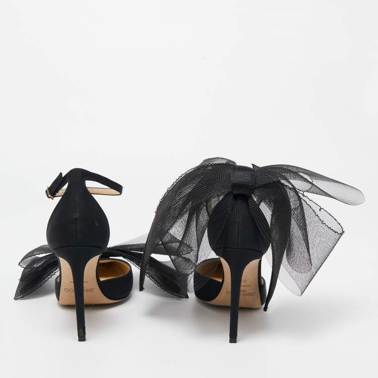 Pre Owned Jimmy Choo Black Canvas Aveline Bow Ankle Strap Pumps Size 37.5