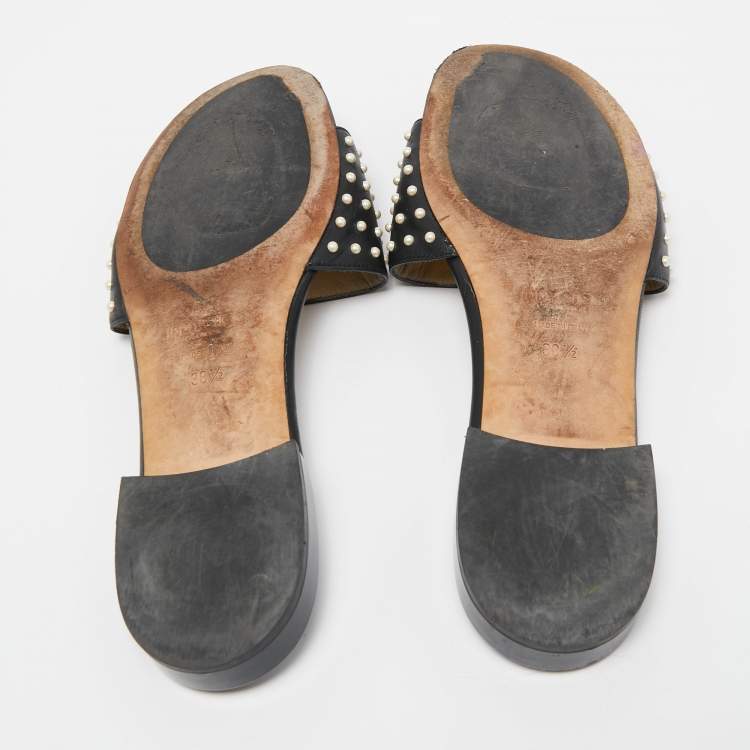 Pre Owned Jimmy Choo Black Leather Embellished Flat Slides Size 38.5