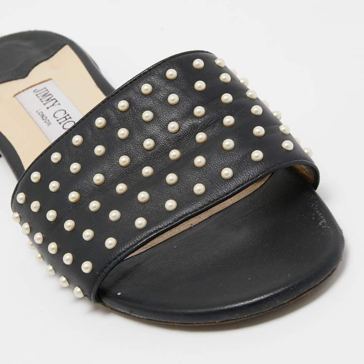 Pre Owned Jimmy Choo Black Leather Embellished Flat Slides Size 38.5