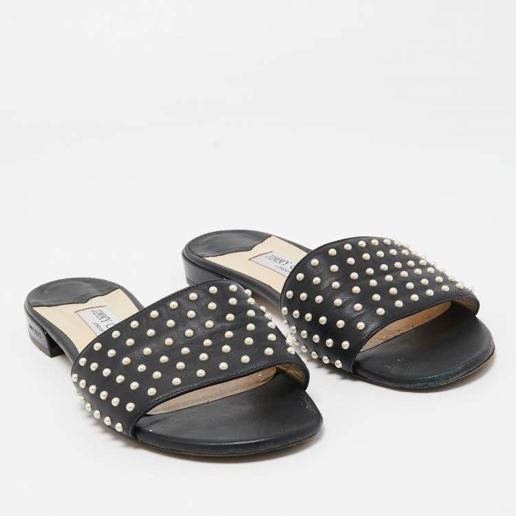 Pre Owned Jimmy Choo Black Leather Embellished Flat Slides Size 38.5