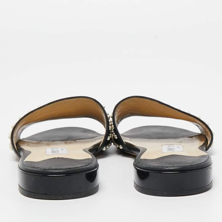 Pre Owned Jimmy Choo Black Leather Embellished Flat Slides Size 38.5