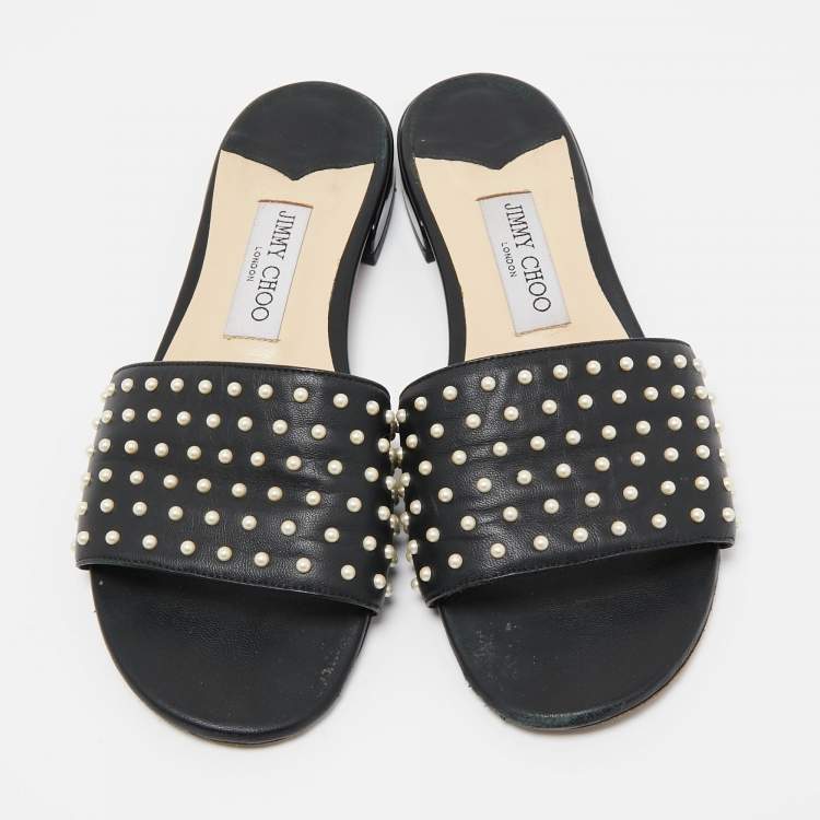 Pre Owned Jimmy Choo Black Leather Embellished Flat Slides Size 38.5
