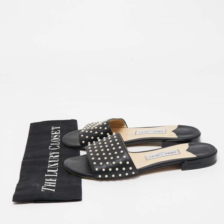 Pre Owned Jimmy Choo Black Leather Embellished Flat Slides Size 38.5