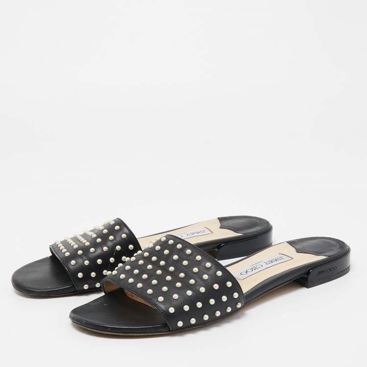 Pre Owned Jimmy Choo Black Leather Embellished Flat Slides Size 38.5