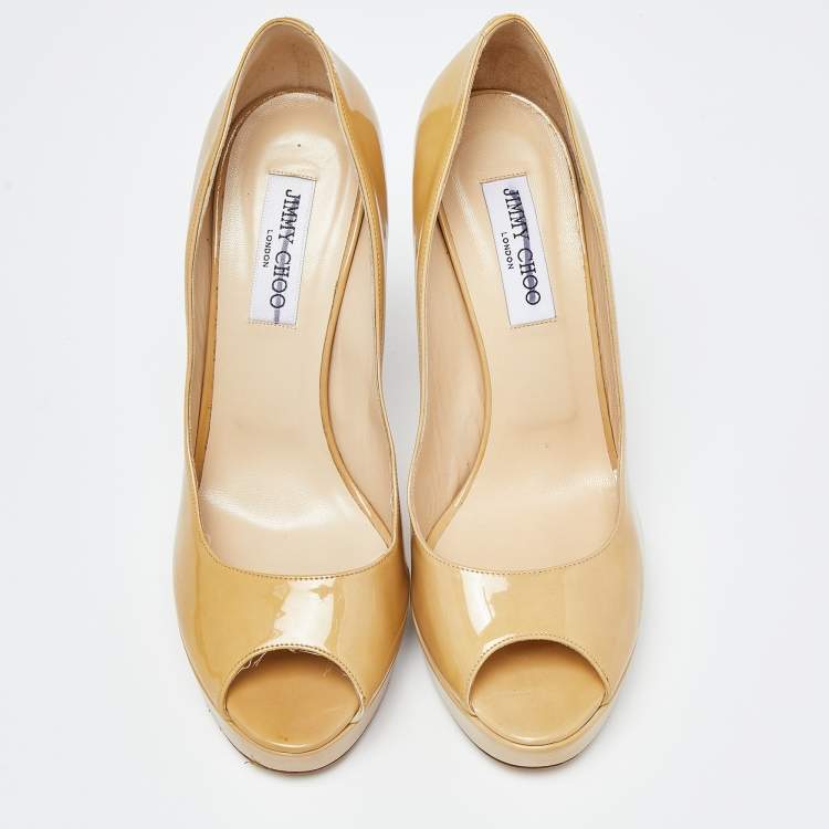 Pre Owned Jimmy Choo Cream Patent Leather Crown Peep Toe Pumps Size 42