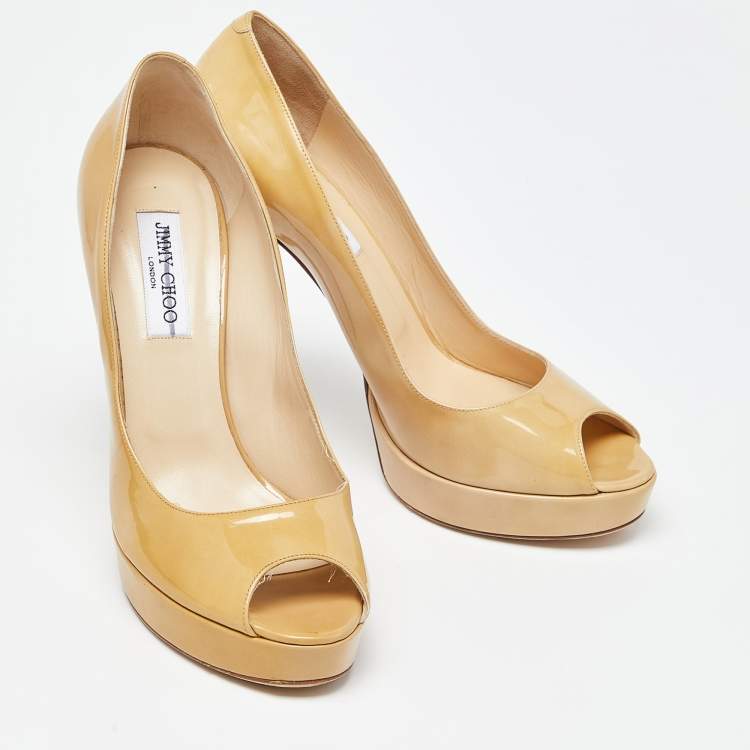 Pre Owned Jimmy Choo Cream Patent Leather Crown Peep Toe Pumps Size 42