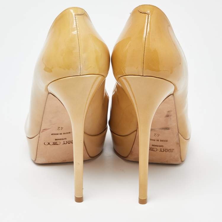 Pre Owned Jimmy Choo Cream Patent Leather Crown Peep Toe Pumps Size 42