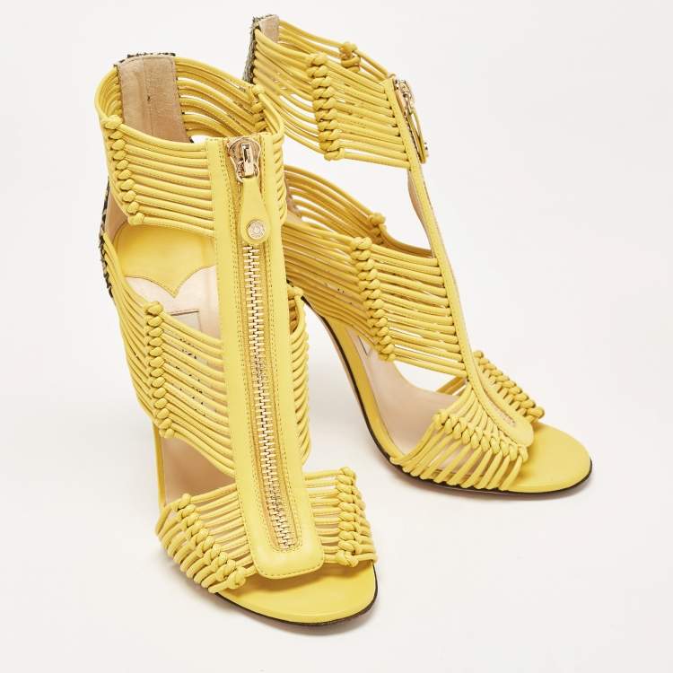 Pre Owned Jimmy Choo Yellow/Black Python and Leather Kattie Zip Front Strap Sandals Size 39.5