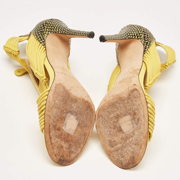 Pre Owned Jimmy Choo Yellow/Black Python and Leather Kattie Zip Front Strap Sandals Size 39.5