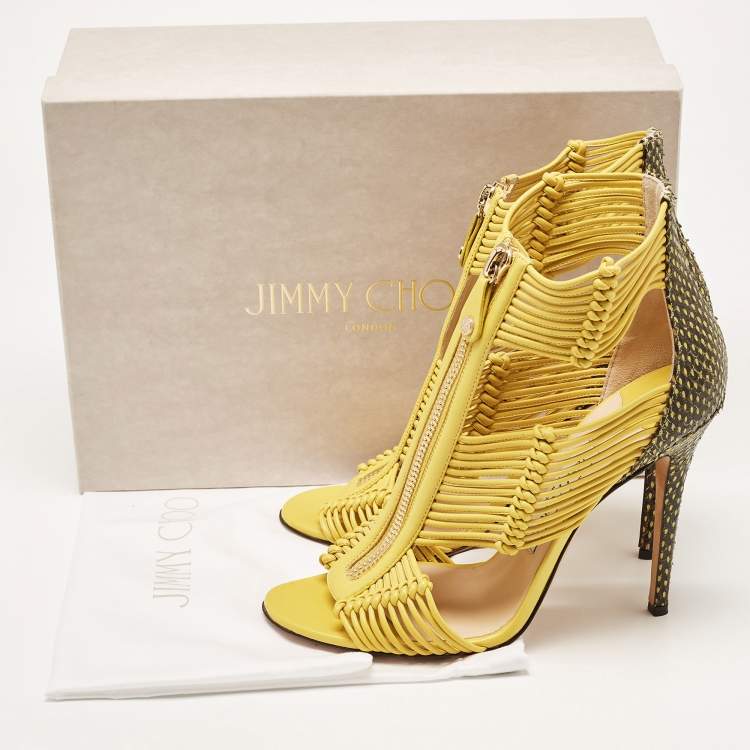 Pre Owned Jimmy Choo Yellow/Black Python and Leather Kattie Zip Front Strap Sandals Size 39.5